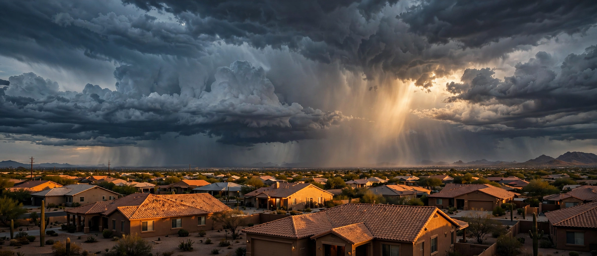 Monsoon storm clouds over Arizona rooftops with golden light breaking through