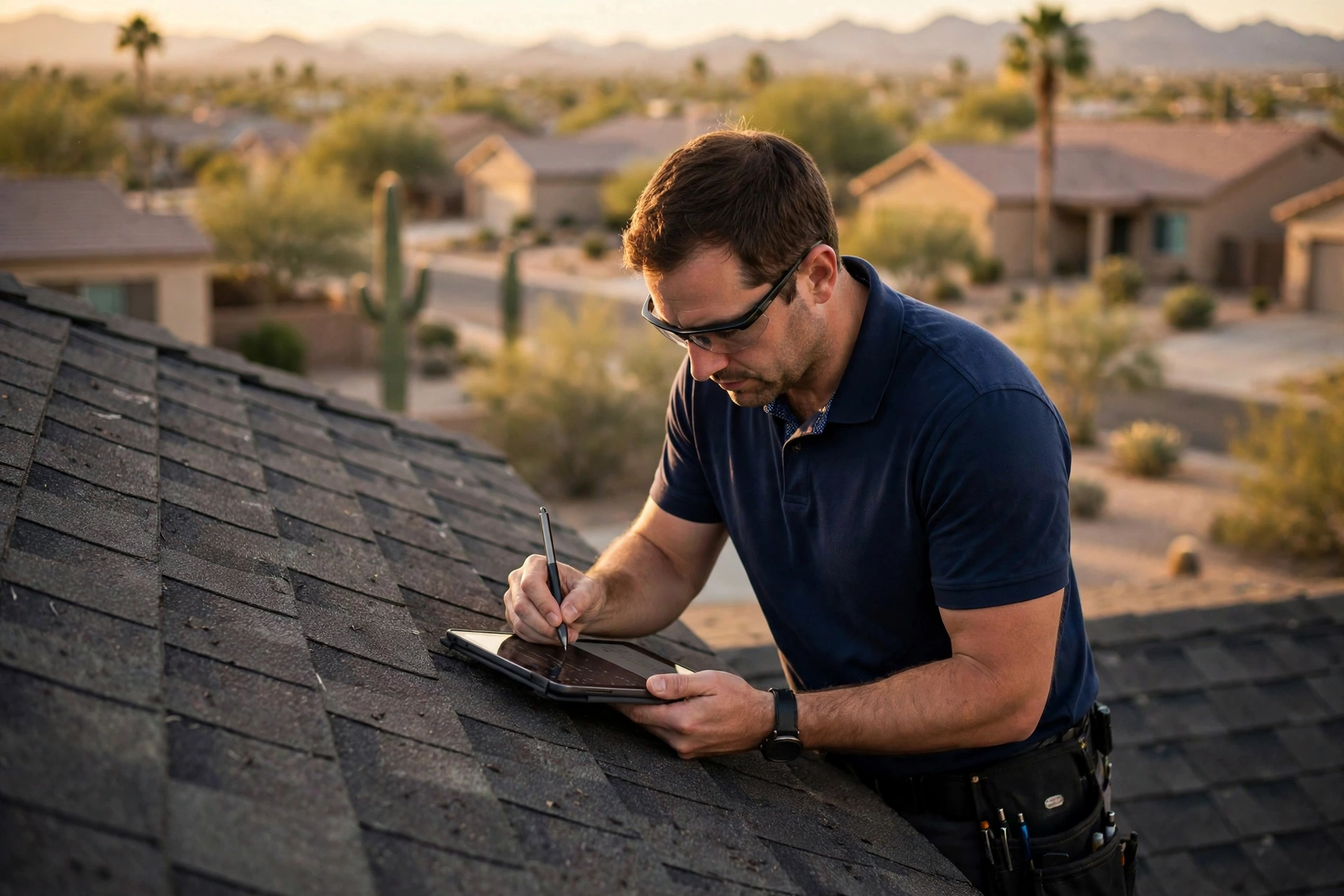 Avant adjuster documenting roof damage on a tablet