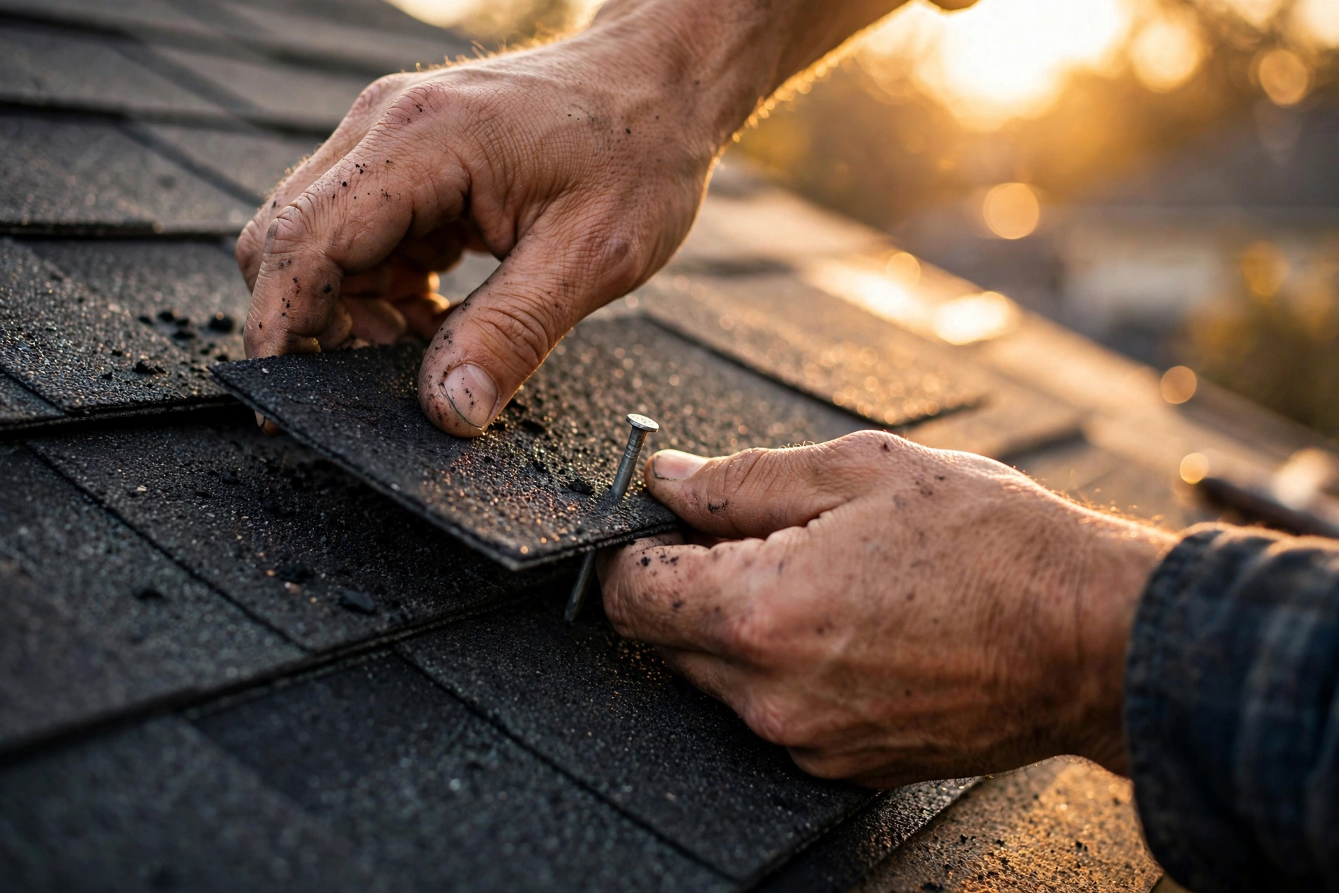 New roof shingles being installed in warm light